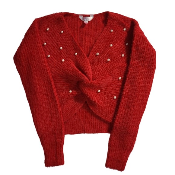 NoBoundaries Knitted Twist Sweater Pearl Embellished Red Cropped Pullover Size S - Picture 1 of 6